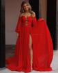 Ball Gown Off-the-shoulder Chiffon Pleated Prom Dresses With Puff Sleeve
