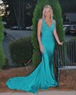 Mermaid V-neck Jersey Backless Beaded Prom Dresses