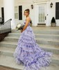 Ball Gown Halter Tulle Floral Ruffle Tiered Prom Dresses