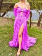Ball Gown Off-the-shoulder Chiffon Pleated Prom Dresses With Puff Sleeve