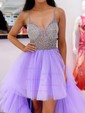 Ball Gown V-neck Tulle Tiered Prom Dresses With Beading