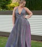 A-line V-neck Glitter Prom Dresses With Ruched