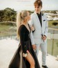 Black Ball Gown Illusion Satin Prom Dresses With Long Sleeves