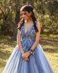 Ball Gown V-neck Tulle 3D Floral Prom Dresses With Beading