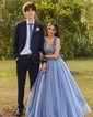 Ball Gown V-neck Tulle 3D Floral Prom Dresses With Beading