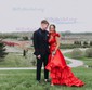 A-line V-neck Cut Out Satin Ruffle Tiered Prom Dresses