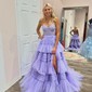 Ball Gown Strapless Tulle Tiered Prom Dresses With Appliques