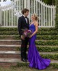 Mermaid V-neck Jersey Cut Out Beaded Prom Dresses