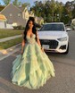 Ball Gown V-neck Tulle Tiered Prom Dresses With Appliques