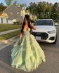 Ball Gown V-neck Tulle Tiered Prom Dresses With Appliques