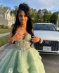Ball Gown V-neck Tulle Tiered Prom Dresses With Appliques