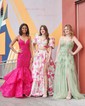 Ball Gown V-neck Tulle Prom Dresses With Appliques