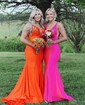 Mermaid V-neck Jersey Backless Beaded Prom Dresses