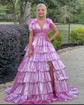 Ball Gown V-neck Tulle Ruffle Tiered Prom Dresses With Bow
