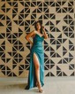 Sheath/Colum Cowl Neck Satin Prom Dresses With Ruched