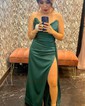 Sheath/Colum Cowl Neck Satin Prom Dresses With Ruched