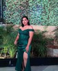 Sheath/Column Off-the-shoulder Satin Prom Dresses With Beading