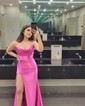 Sheath/Column Cowl Neck Satin Prom Dresses With Ruched