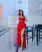 Sheath/Column Cowl Neck Satin Corset Prom Dresses With Ruched