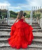 Ball Gown Strapless Tulle Ruffle Tiered Prom Dresses