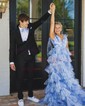 Ball Gown V-neck Floral Tulle Ruffle Tiered Prom Dresses