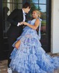 Ball Gown V-neck Floral Tulle Ruffle Tiered Prom Dresses