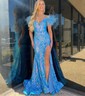 Mermaid Off-the-shoulder Sparkly Sequin Prom Dresses With Feather