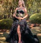 Ball Gown V-neck Tulle Ruffle Tiered Prom Dresses With Beading