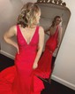 Mermaid V-neck Jersey Backless Beaded Prom Dresses