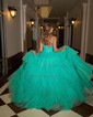 Ball Gown V-neck Glitter Tulle Ruffle Tiered Prom Dresses