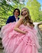 Ball Gown Strapless Tulle Tiered Prom Dresses With Appliques