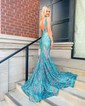 Mermaid V-neck Backless Sparkly Sequin Prom Dresses