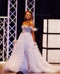 Ball Gown Off-the-shoulder Tulle Tiered Prom Dresses With Feather