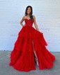 Ball Gown Strapless Tulle Tiered Prom Dresses With Appliques