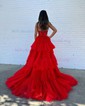 Ball Gown Strapless Tulle Tiered Prom Dresses With Appliques