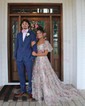 Ball Gown Off-the-shoulder Tulle Floral Prom Dresses With Puff Sleeve