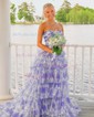 Ball Gown Halter Tulle Floral Ruffle Tiered Prom Dresses