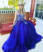 Ball Gown V-neck Tulle Prom Dresses With Appliques