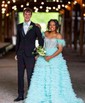 Ball Gown Off-the-shoulder Tulle Tiered Prom Dresses With Feather