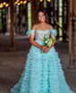 Ball Gown Off-the-shoulder Tulle Tiered Prom Dresses With Feather