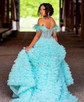 Ball Gown Off-the-shoulder Tulle Tiered Prom Dresses With Feather