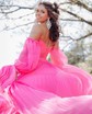 Ball Gown Off-the-shoulder Chiffon Pleated Prom Dresses With Puff Sleeve