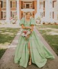 Ball Gown Off-the-shoulder Satin Puff Sleeve Two Piece Prom Dresses