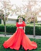 Ball Gown Off-the-shoulder Satin Puff Sleeve Two Piece Prom Dresses