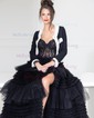Ball Gown Strapless Tulle Tiered Prom Dresses With Appliques