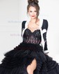 Ball Gown Strapless Tulle Tiered Prom Dresses With Appliques
