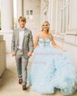 Ball Gown V-neck Tulle Ruffle Tiered Prom Dresses With Beading
