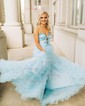 Ball Gown V-neck Tulle Ruffle Tiered Prom Dresses With Beading