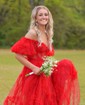 Ball Gown Off-the-shoulder Chiffon Ruffle Prom Dresses With Puff Sleeve