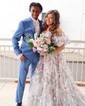 Ball Gown Off-the-shoulder Tulle Floral Prom Dresses With Puff Sleeve